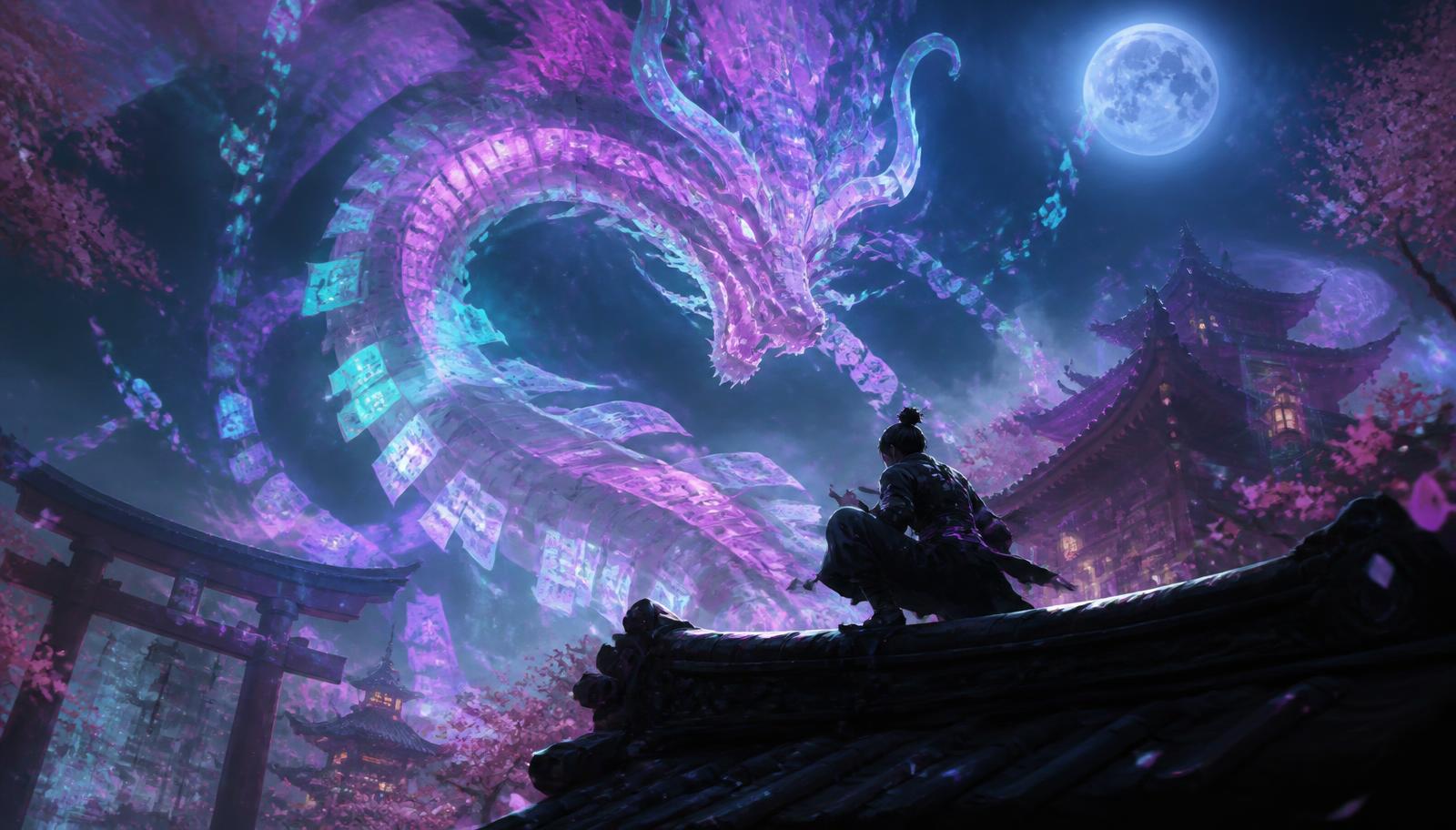 Dragón espiritual de talismanes de papel y luz neón sobre un santuario a la luz de la luna, con un ninja agazapado en el tejado