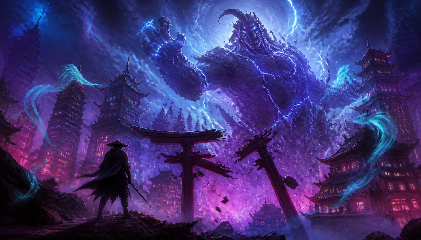 Kamigawa Titanbreach: megaciudad de pagodas con luces neón y un titán colosal de piedra y relámpagos irrumpiendo desde la tierra