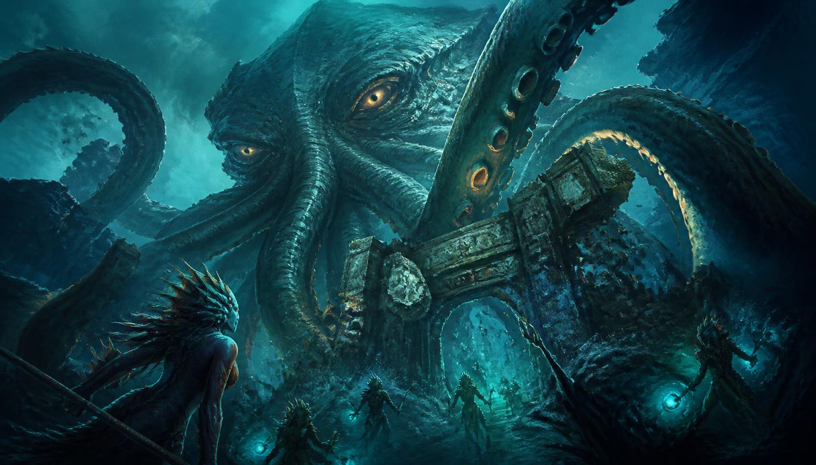Kraken abisal titánico emergiendo de la oscuridad con tentáculos destruyendo un portal de piedra