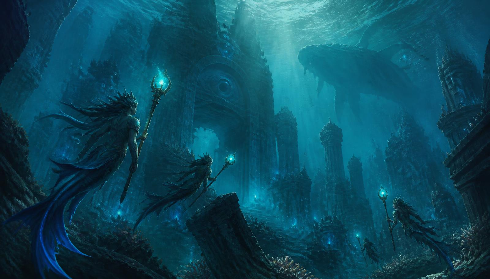 Reino sumergido de Nauctis: ruinas ciclópeas ahogadas, luz bioluminiscente azul y merfolk exploradores con bastones-linterna