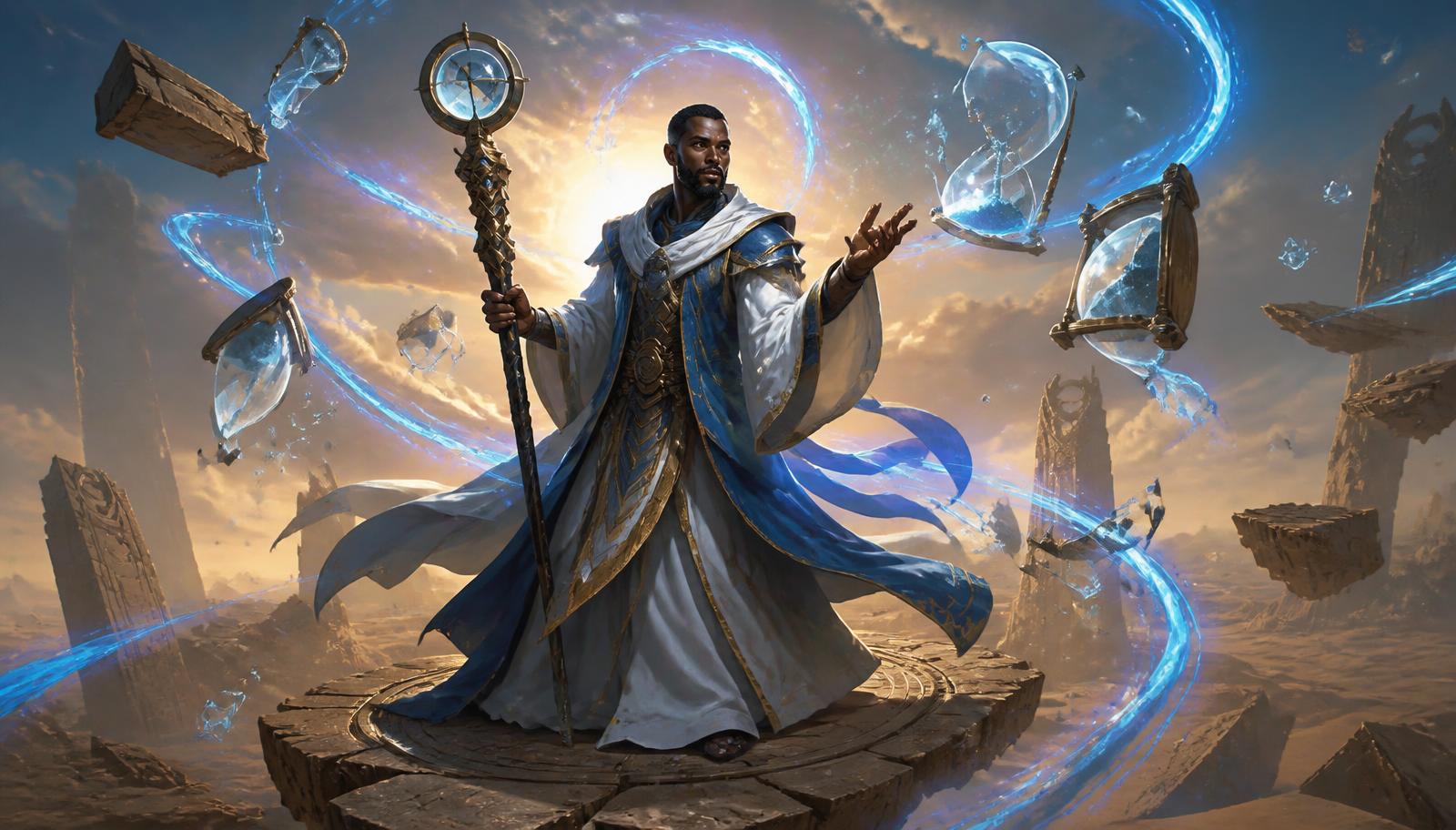 Mago del tiempo de piel oscura con túnica azul y blanca tejiendo anillos temporales y relojes de arena flotantes sobre una plataforma en el desierto