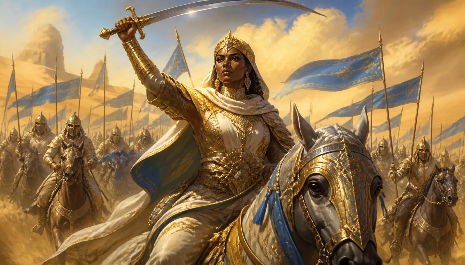 Reina guerrera zhalfirina con armadura blanca y dorada alzando una espada curva, caballería con estandartes azules cargando entre las dunas