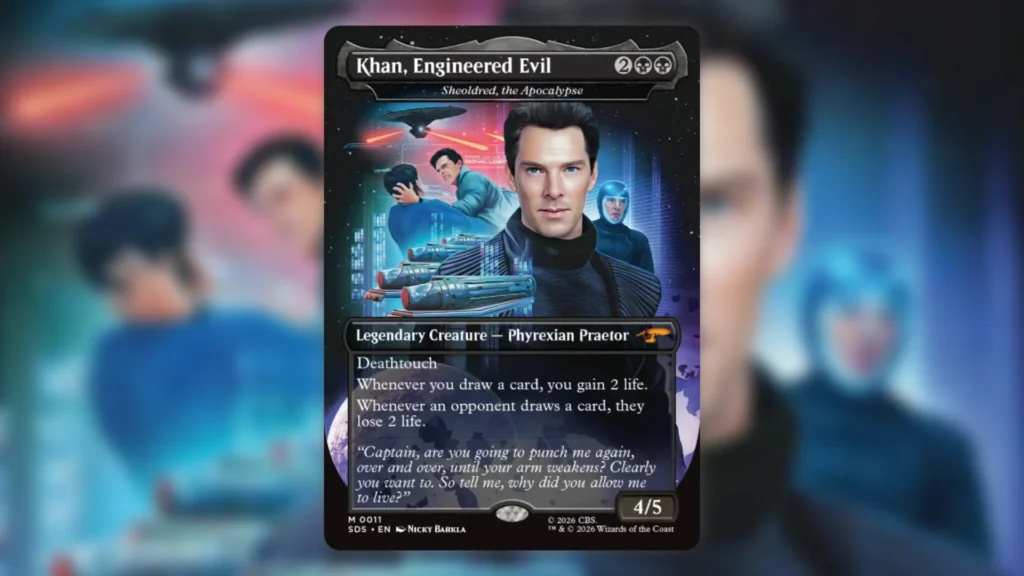 Sheoldred, the Apocalypse con el rostro de Benedict Cumberbatch como Khan — Stardates bonus sheet (arte de Nicky Barkla)
